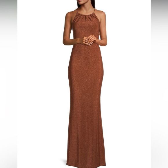 Misha Queenie Shimmer Halter Dress size Large Brown - Picture 3 of 13